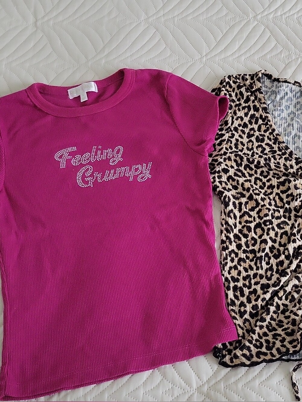 Magenta 'Feeling Grumpy' Rhinestone Tee + Leopard Print V-Neck Top - Two Tops
